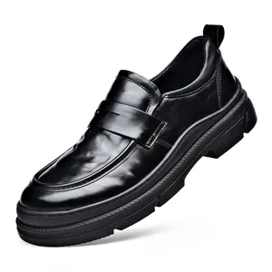 Premium classic black cowhide leather business loafers with chunky sole for men
