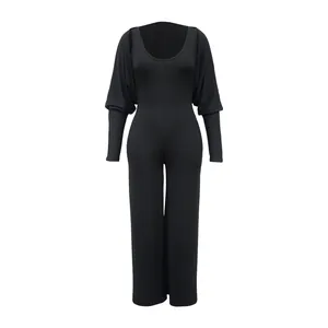 Schwarzer gerippter Jumpsuit mit weitem Bein und passendem Langarm-Bolero-Set