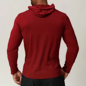 Back view of a premium men's dark red hooded long sleeve quick-dry sports T-shirt
