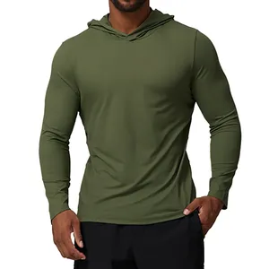 Men's olive green quick-dry long-sleeve hooded shirt for gym and running