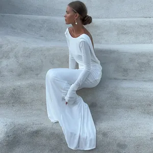 Elegant white backless long sleeve maxi dress with a slim fit gown silhouette for women