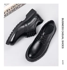 Detail of black genuine leather business casual shoes with thick lug sole and lace-up design