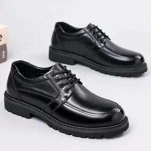 Premium black cowhide leather men's business casual lace-up shoes with thick soles