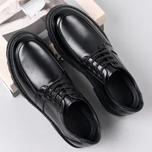 Classic black leather lace-up business shoes with thick soles and round toes for men.