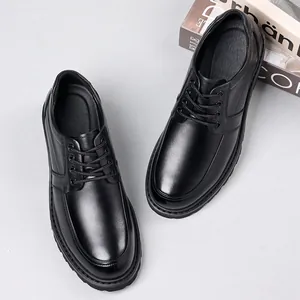 Classic men's black leather lace-up business dress shoes with thick round toe sole