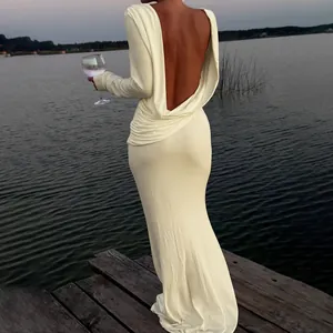 Elegant cream backless long sleeve maxi dress for formal evening gala occasions