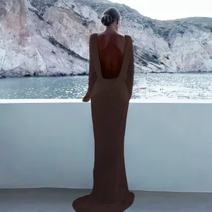 Detailed view of elegant backless chocolate brown long sleeve evening gown for women