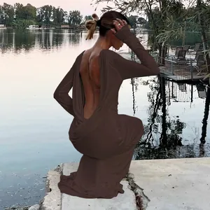 Elegant brown backless long sleeve maxi dress for women with slim fit and sexy silhouette