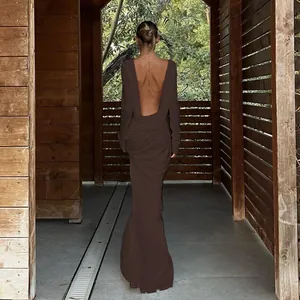 Elegant dark brown long-sleeved backless evening gown with cowl back detail