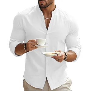 Close-up detail of a men's white slim-fit long-sleeve mandarin collar cotton shirt