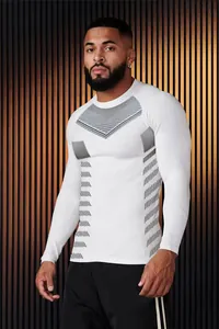 Men's white slim fit sports long sleeve T-shirt with gray geometric graphic print detail