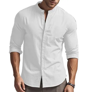 Close-up of a men's white long-sleeve stand-up collar slim fit breathable cotton shirt