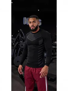 Men Long Sleeve Sport T-Shirt Compression Slim Fit Breathable Geometric Printed Polyester Training Top For Gym Fitness