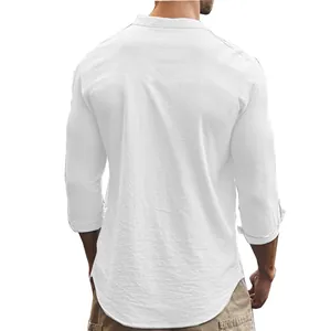 Back view of men's casual white slim-fit linen shirt featuring stand collar design