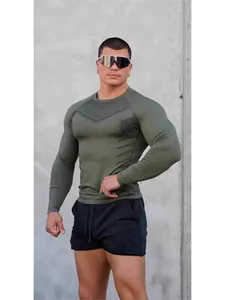 Men's olive green slim fit long sleeve athletic t-shirt for gym and fitness training