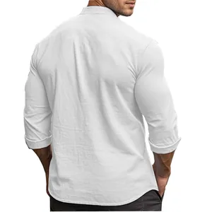 Detailed back view of a white slim-fit long-sleeve stand-collar cotton shirt for men