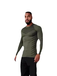 Men's slim fit long-sleeve sports T-shirt in olive green for fitness training
