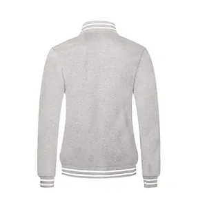 Vue arrière d'une veste varsity classique en polaire gris chiné avec bords rayés