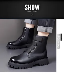 British style black leather Martin boots with elastic straps and rugged platform soles