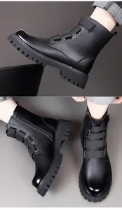 Detailed multi-angle views of black British style leather combat boots with thick lug soles.