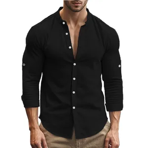 Men's slim fit black cotton shirt with a classic stand collar and long sleeves
