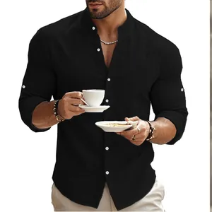 Men's professional slim fit long sleeve cotton shirt with a stylish mandarin collar in black