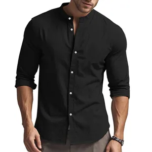 Close-up detail of a black men's slim-fit long-sleeved shirt with a classic mandarin collar