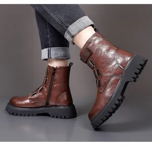 Premium brown leather Martin boots for men featuring side zipper and thick black lug sole