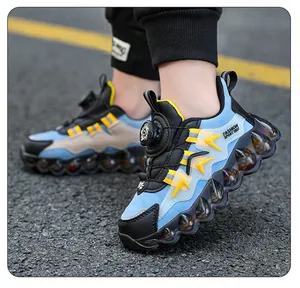 Close-up of boys breathable sports shoes with a convenient rotary buckle system