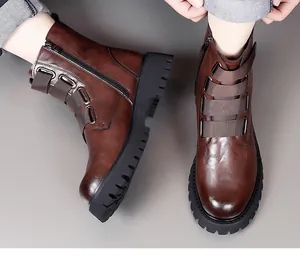Detailed top-down view of men's brown leather Martin boots with stylish buckle straps.