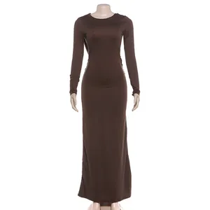 Elegant coffee brown long sleeve bodycon maxi dress on a studio mannequin