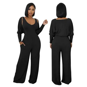 Elegantes schwarzes geripptes Jumpsuit-Set mit Langarm-Bolero für Damen