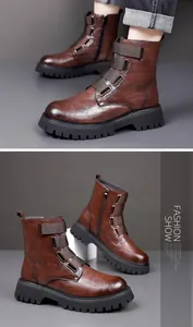 Detailed view of brown leather British style work boots featuring triple straps and thick sole