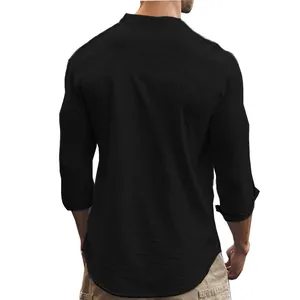 Back view of men's black long-sleeve stand collar shirt showing slim fit and fabric.