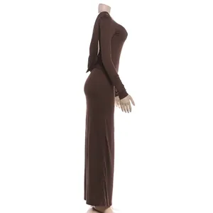 Elegant brown backless long sleeve maxi dress for women gala evening formal wear