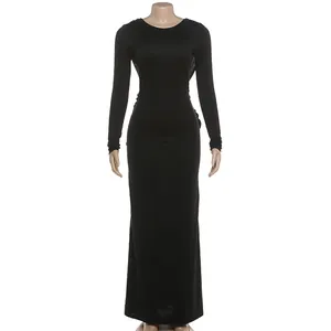 Elegant black slim fit long sleeve backless maxi dress for formal evening events