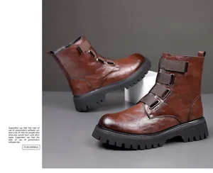 Detailed side view of brown high-top genuine leather Martin boots with chunky black soles