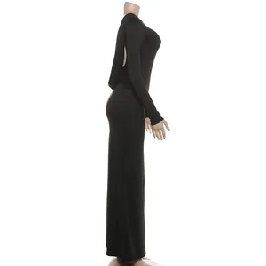 Side view detail of a slim fit long-sleeved black backless evening maxi dress