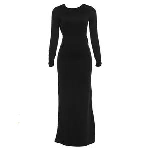 Full detail view of a sleek black long-sleeve maxi dress with a form-fitting bodycon design.