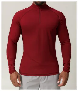 T-shirt de sport à manches longues pour homme avec demi-zip, séchage rapide couleur bordeaux