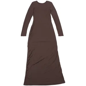Elegant coffee brown long sleeve backless maxi dress shown in full length flat lay