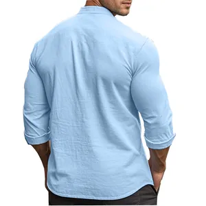 Detailed back view of a slim fit light blue men's cotton shirt with a stand collar