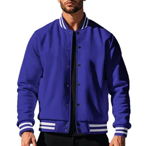 Veste de baseball rétro bleue pour hommes avec doublure polaire et bords rayés