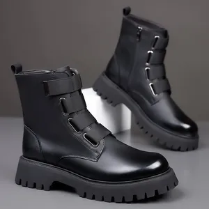 Men's British style black leather Martin boots with buckle straps and thick lug sole