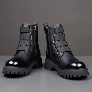 British style men's black leather Martin boots with side zipper and thick lug sole