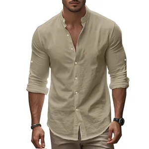 Close-up detail of khaki slim fit men's long sleeve cotton shirt with stand collar