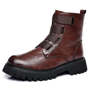 Close-up side view of men's brown leather Martin boots featuring a triple strap design