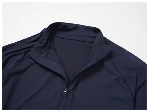 Détail du col d'un t-shirt de sport à manches longues pour hommes bleu marine avec fermeture