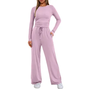Ensemble de détente mauve deux pièces pour femmes avec haut plissé à manches longues