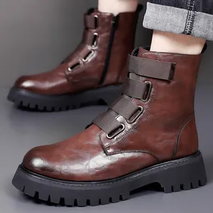 Men's brown leather combat boots with elastic straps and thick lug sole